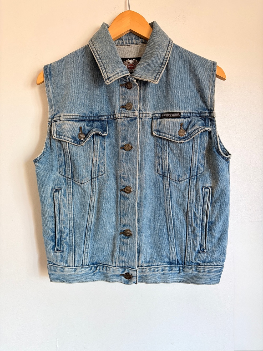 Vintage Harley Davidson 90s Light Blue Denim Vest Jacket S Unisex